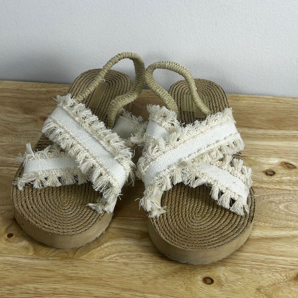 Boho Fringe Espadrille Sandals Womens Size 9 Cream Rope Slingback